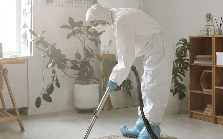 Técnico con traje de protección aplicando tratamiento sobre una alfombra