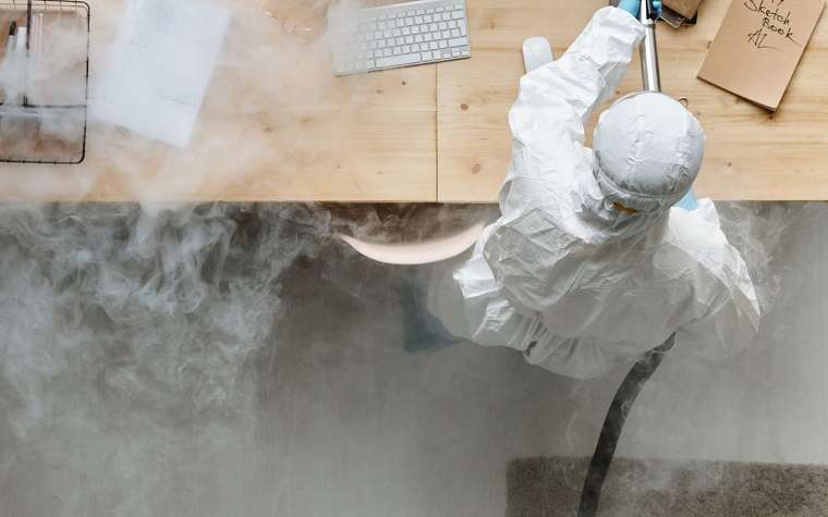 Técnico con traje protector sanitizando un escritorio de oficina con nebulización