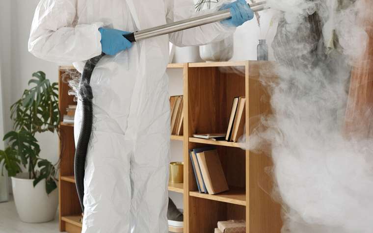 Técnico nebulizando junto a un mueble con libros y plantas